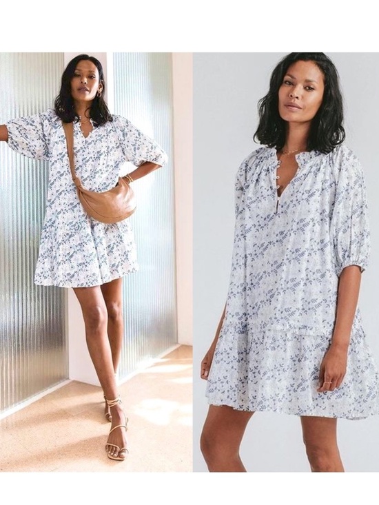 Cleobella Dresses & Skirts - Cleobella Blue White Floral Cotton Puff Sleeve Nevah Mini Size Small Sundress